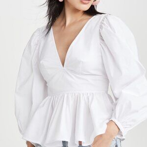 NTW Staud Womens V-Neck Tied Long Sleeve Peplum Blouse Top White 8